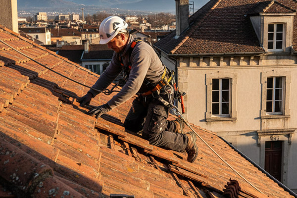 Artisan couvreur en train de réparer des fuites de toiture
